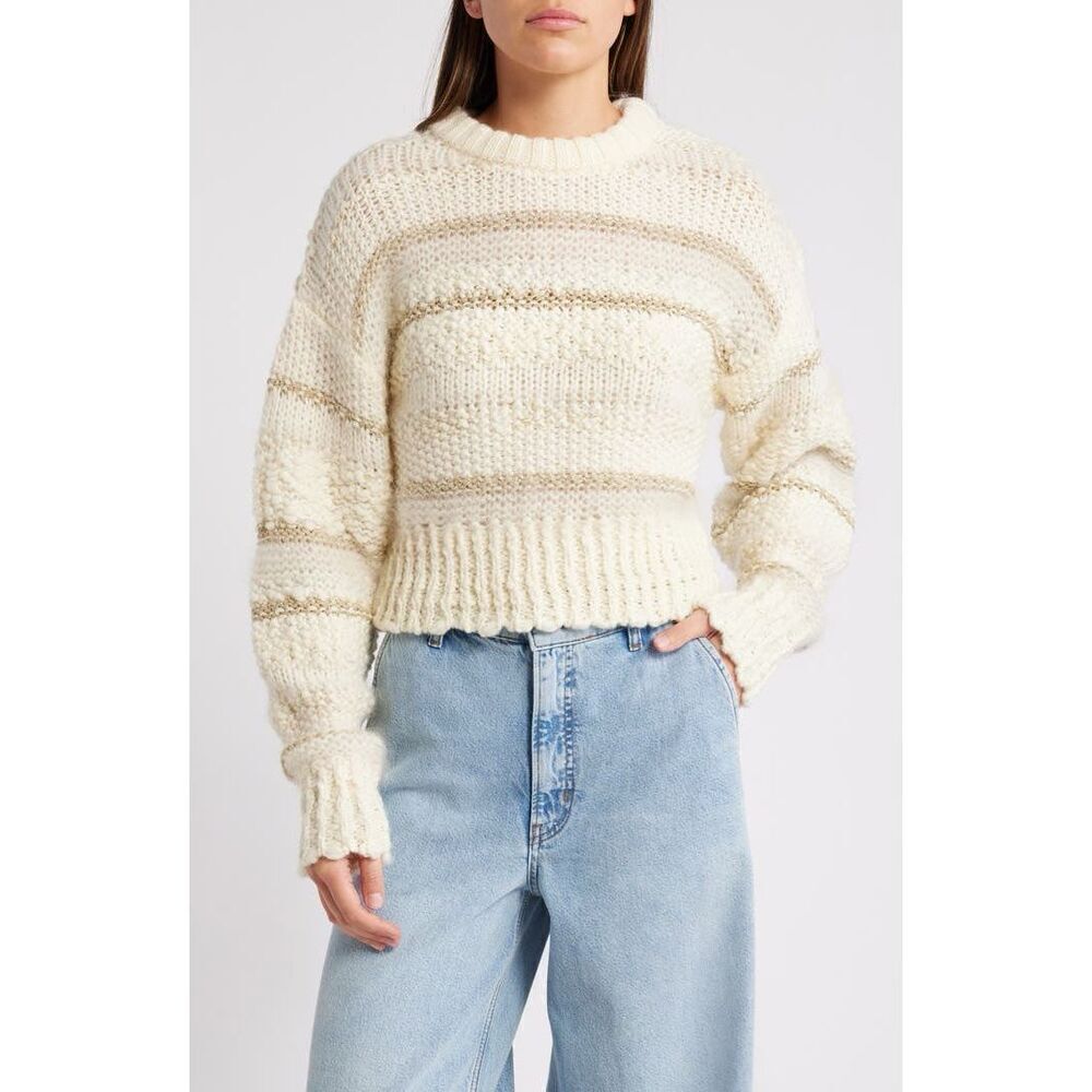 Frame Cream & Gold Striped Textured Wool Knit Sweater Size Large NWOT